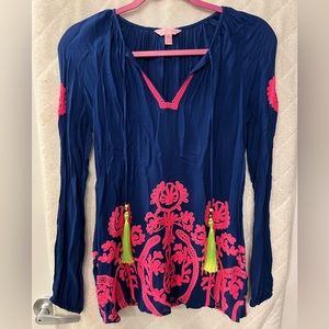 Lilly Pulitzer Resort Navy and Hot Pink Embroidered Willa Top Size XS